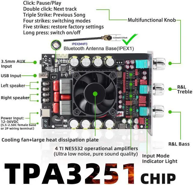 Alt view image 2 of 6 - 220W+220W Bluetooth Amplifier Board with Treble and Bass Control DC 12-36V, 2.0 Channel Stereo Amp Board,Bluetooth/AUX/USB Input