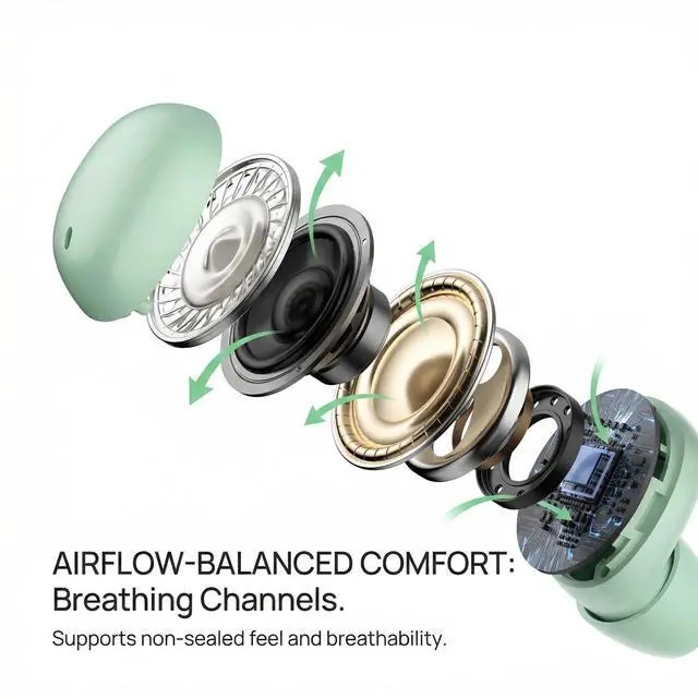 Alt view image 3 of 7 - Sleep Earbuds, Bluetooth 5.4 in-Ear Headphones, Peppermint Green | Asymmetric chamber for side sleepers, LED power display, built-in mic, portable charging case