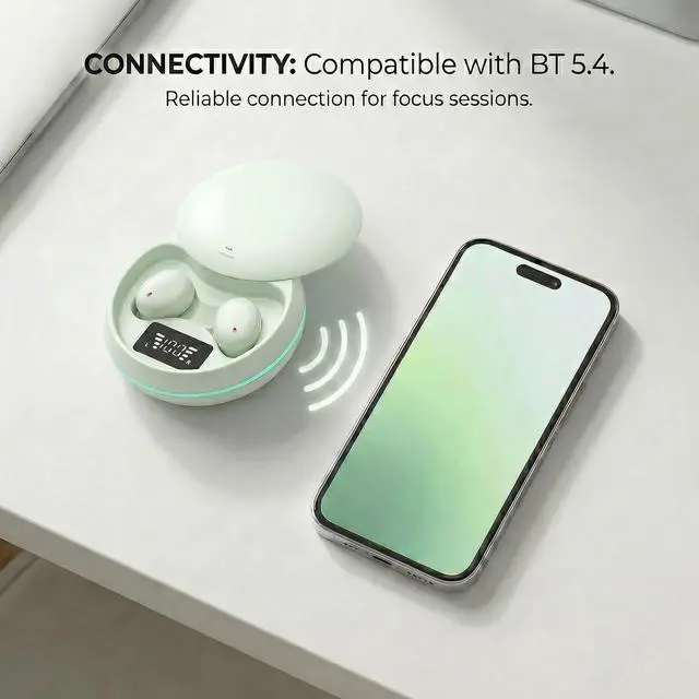 Alt view image 6 of 7 - Sleep Earbuds, Bluetooth 5.4 in-Ear Headphones, Peppermint Green | Asymmetric chamber for side sleepers, LED power display, built-in mic, portable charging case