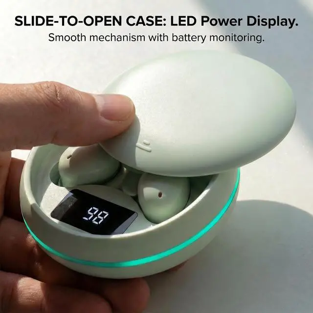 Alt view image 5 of 7 - Sleep Earbuds, Bluetooth 5.4 in-Ear Headphones, Peppermint Green | Asymmetric chamber for side sleepers, LED power display, built-in mic, portable charging case