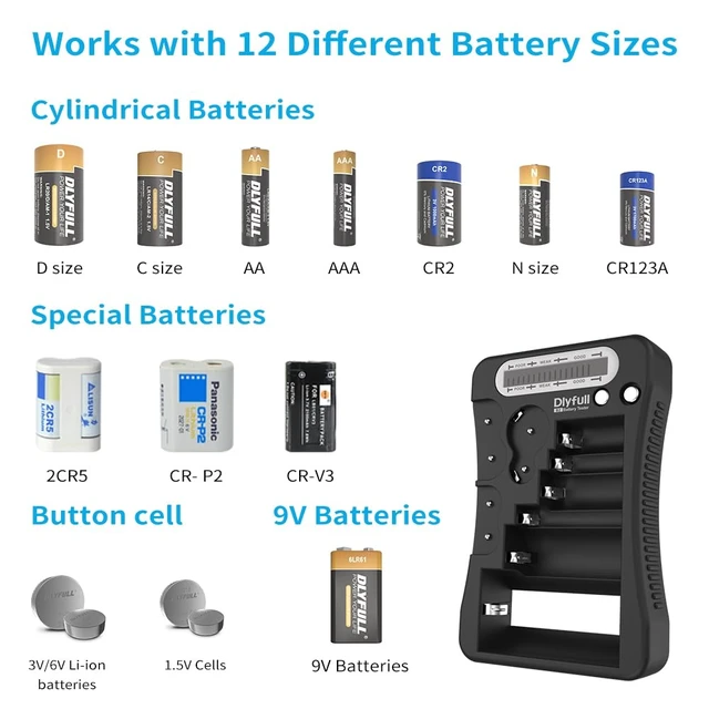 Alt view image 2 of 7 - Battery Tester for AA AAA C D 9V, Button Cell & Household Batteries LCD Display Universal Battery Checker for CR2032 CR123A CR2 CRV3 2CR5 CRP2, 1x AAA Batteries Included