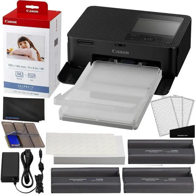 Main image of Selphy CP1500 Wireless Compact Photo Printer (Black) Bundle with KP-108IN Color Ink Paper Set (108 Sheets of 4x6 Paper + 3 Ink Cartridges) + 6-Slot Memory Card Holder + More