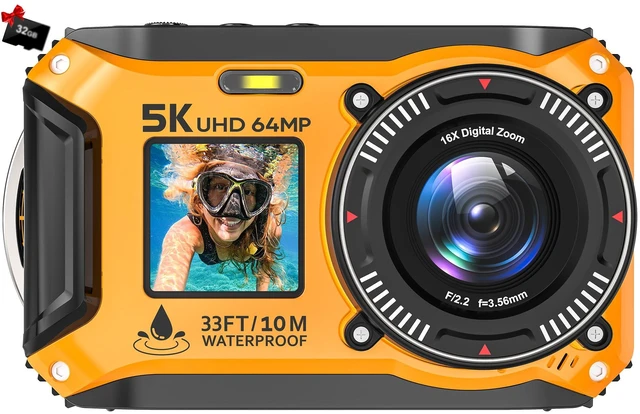 Main image of 5K Underwater Camera 64MP 33FT Waterproof, 32GB Card Dual-Screen Dustproof Suitable for Snorkeling, Vacation, UHD Autofocus Point-and-Shoot, Compact, Floatable, 1500mAh Battery, Type-C, Yellow