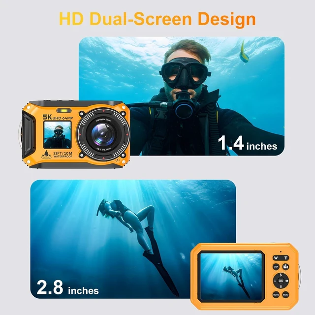 Alt view image 4 of 7 - 5K Underwater Camera 64MP 33FT Waterproof, 32GB Card Dual-Screen Dustproof Suitable for Snorkeling, Vacation, UHD Autofocus Point-and-Shoot, Compact, Floatable, 1500mAh Battery, Type-C, Yellow