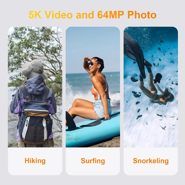Alt view image 5 of 7 - 5K Underwater Camera 64MP 33FT Waterproof, 32GB Card Dual-Screen Dustproof Suitable for Snorkeling, Vacation, UHD Autofocus Point-and-Shoot, Compact, Floatable, 1500mAh Battery, Type-C, Yellow