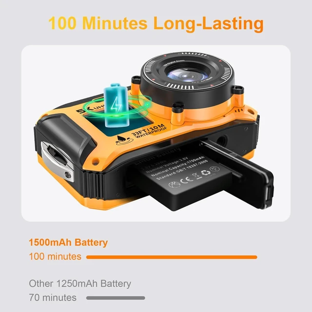 Alt view image 7 of 7 - 5K Underwater Camera 64MP 33FT Waterproof, 32GB Card Dual-Screen Dustproof Suitable for Snorkeling, Vacation, UHD Autofocus Point-and-Shoot, Compact, Floatable, 1500mAh Battery, Type-C, Yellow