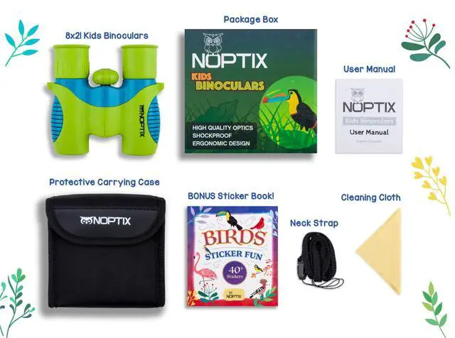 Alt view image 3 of 7 - Binoculars for Kids, Girls or Boys Real Kids Binoculars in Vibrant Green Blue - Includes Sticker Book with 40 Bird Species - Small Toys for Toddlers