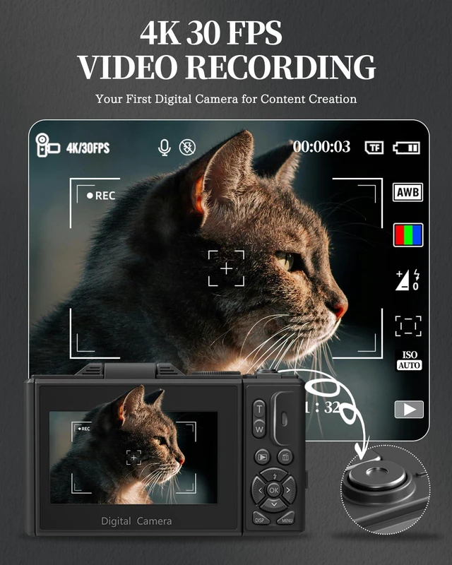 Alt view image 2 of 7 - 4K Digital Camera for Beginners & Teens, Autofocus Vlogging Camera with 180° Flip Screen, 18X Zoom, Easy-to-Use Compact Travel Camera, WiFi, 2 Batteries, 32GB Card