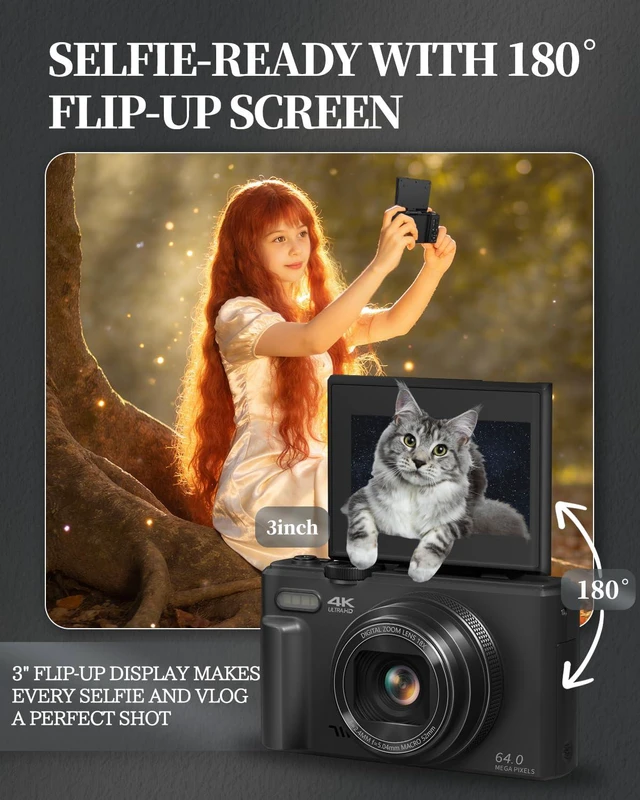 Alt view image 5 of 7 - 4K Digital Camera for Beginners & Teens, Autofocus Vlogging Camera with 180° Flip Screen, 18X Zoom, Easy-to-Use Compact Travel Camera, WiFi, 2 Batteries, 32GB Card