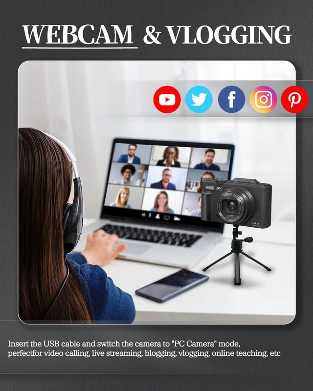 Alt view image 7 of 7 - 4K Digital Camera for Beginners & Teens, Autofocus Vlogging Camera with 180° Flip Screen, 18X Zoom, Easy-to-Use Compact Travel Camera, WiFi, 2 Batteries, 32GB Card