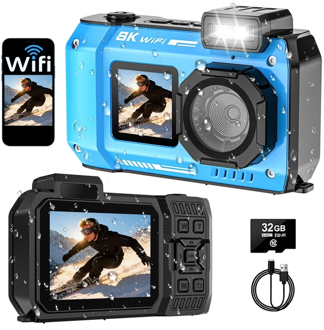 Main image of 8K Underwater Camera, 70MP 33FT WiFi Waterproof Digital Camera with 32GB Dual-Screen Selfie, Floatable, Auto Focus, Fill Light, 2500mAh Battery, 18X Digital Zoom, Ideal for Snorkeling & Swimming