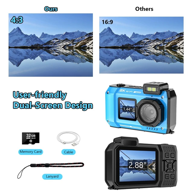 Alt view image 7 of 7 - 8K Underwater Camera, 70MP 33FT WiFi Waterproof Digital Camera with 32GB Dual-Screen Selfie, Floatable, Auto Focus, Fill Light, 2500mAh Battery, 18X Digital Zoom, Ideal for Snorkeling & Swimming