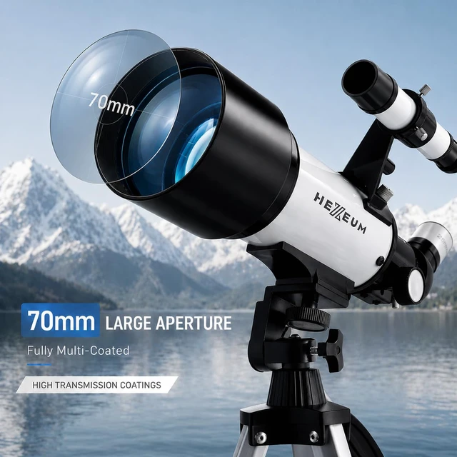Alt view image 2 of 7 - Telescope for Kids, 70mm/500mm AZ Refractor for Beginners, White Portable telescope for kids and beginners to view the Moon and landscapes, with AZ mount, phone adapter, remote and case