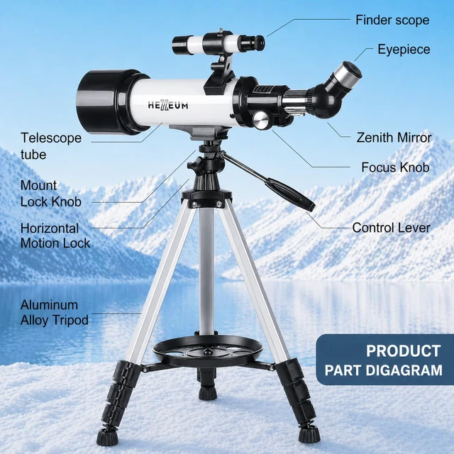 Alt view image 3 of 7 - Telescope for Kids, 70mm/500mm AZ Refractor for Beginners, White Portable telescope for kids and beginners to view the Moon and landscapes, with AZ mount, phone adapter, remote and case