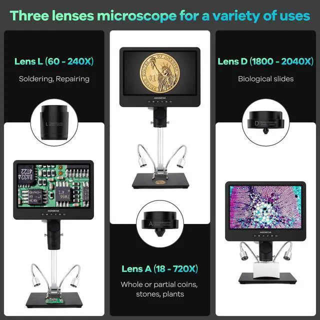 Alt view image 2 of 7 - AD249S-M 3 Lens 2160P 10.1 Inch HDMI Digital Microscope 2000x | Soldering Microscope for Electronics Repair, Error Coins, Pro Boom Arm Stand, Windows Compatible, 32GB Card