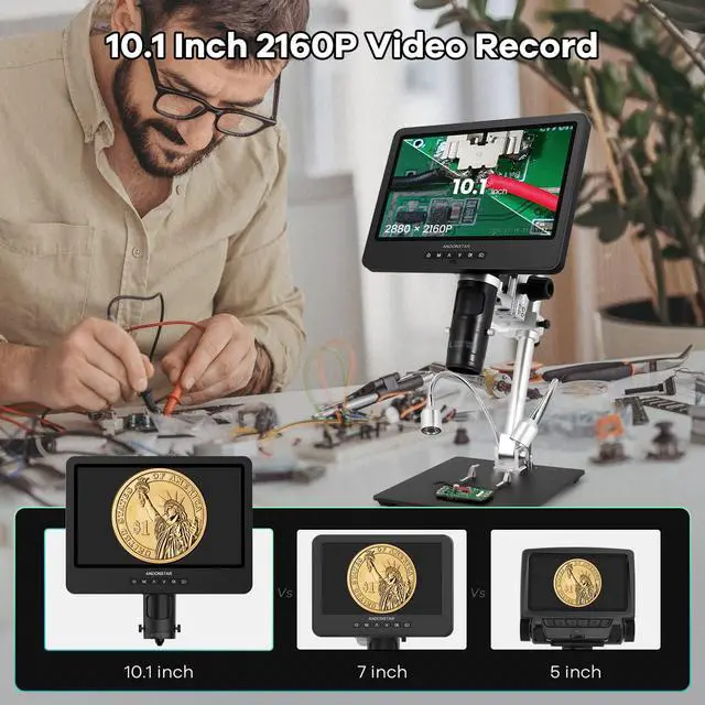 Alt view image 3 of 7 - AD249S-M 3 Lens 2160P 10.1 Inch HDMI Digital Microscope 2000x | Soldering Microscope for Electronics Repair, Error Coins, Pro Boom Arm Stand, Windows Compatible, 32GB Card
