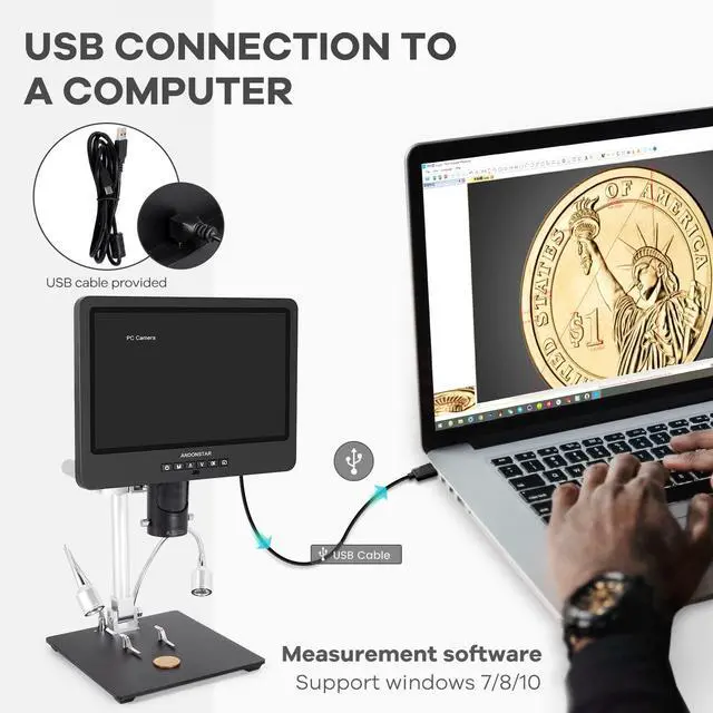 Alt view image 5 of 7 - AD249S-M 3 Lens 2160P 10.1 Inch HDMI Digital Microscope 2000x | Soldering Microscope for Electronics Repair, Error Coins, Pro Boom Arm Stand, Windows Compatible, 32GB Card