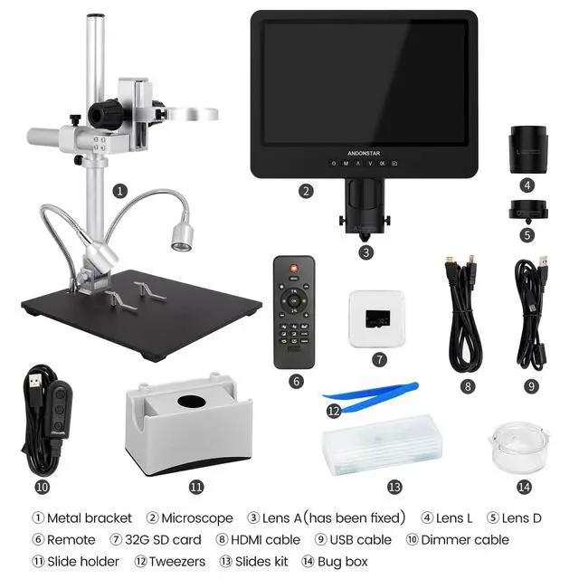 Alt view image 7 of 7 - AD249S-M 3 Lens 2160P 10.1 Inch HDMI Digital Microscope 2000x | Soldering Microscope for Electronics Repair, Error Coins, Pro Boom Arm Stand, Windows Compatible, 32GB Card