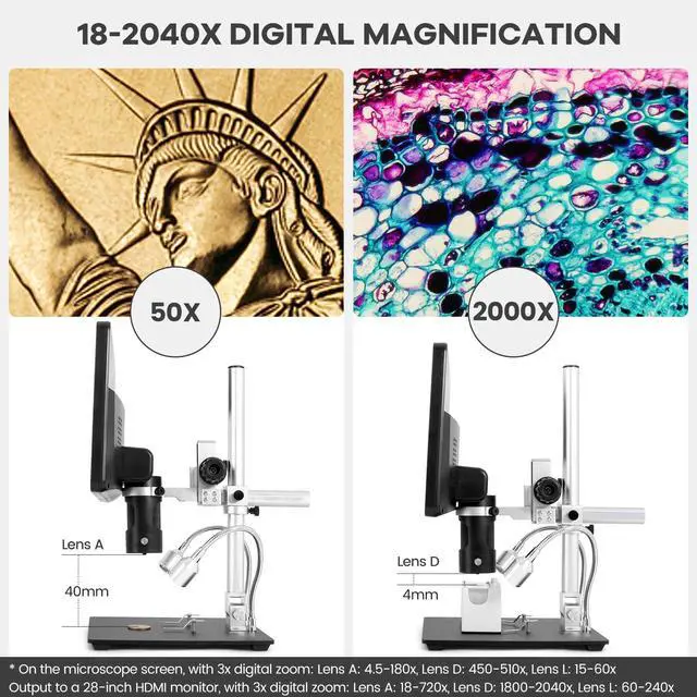 Alt view image 6 of 7 - AD249S-M 3 Lens 2160P 10.1 Inch HDMI Digital Microscope 2000x | Soldering Microscope for Electronics Repair, Error Coins, Pro Boom Arm Stand, Windows Compatible, 32GB Card