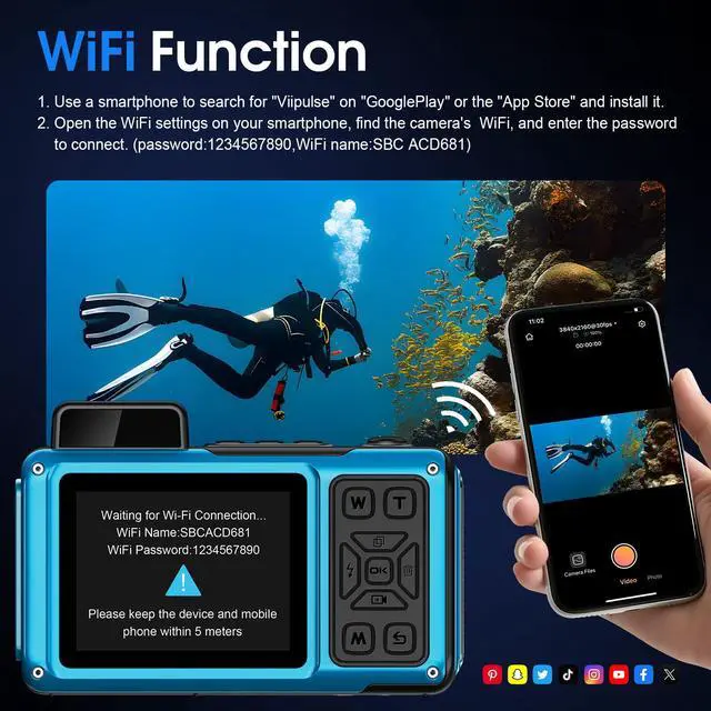 Alt view image 6 of 7 - 8K Underwater Camera WiFi 90MP 50FT Waterproof 32GB Card Dual-Screen Touch | Suitable for Snorkeling and Diving, Rugged Shockproof Dustproof, AF Selfie, 18X Zoom, Floatable, 1800mAh Battery, Type-C