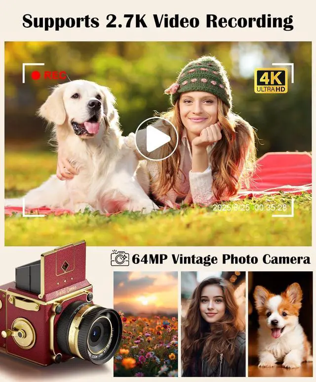 Alt view image 7 of 7 - Vintage Digital Camera, 64MP 2.7K Retro Point and Shoot Camera with Autofocus, 2" IPS Waist-Level Screen & 16GB TF Card, 16X Zoom Compact Photography Camera for Beginners Red Vintage Decor