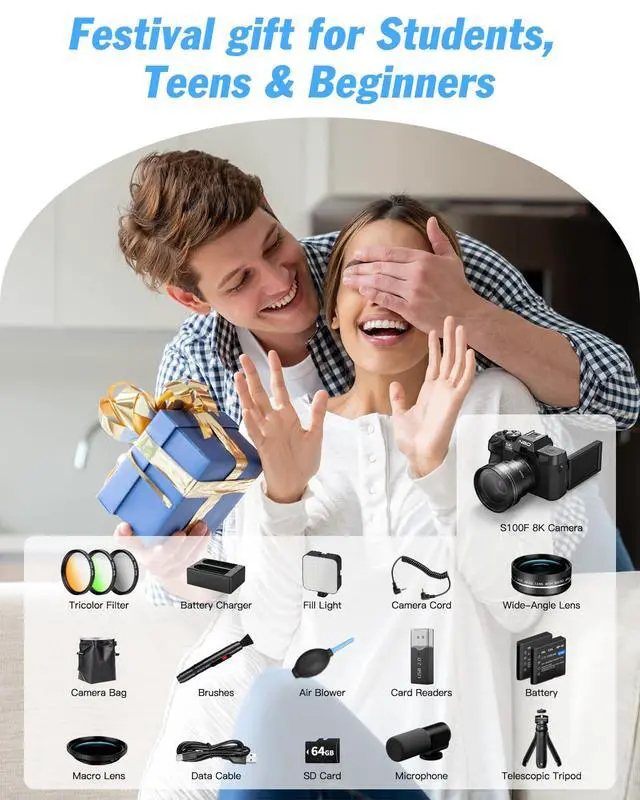 Alt view image 7 of 7 - 8K Digital Cameras for Photography, 64MP Vlogging Camera with 180°Flip Screen2 Batteries, 32GB TF Card16X Zoom, WiFi, 3 Color Filters,Microphone, Tripod, Wide & Macro Lens Kit (Black)