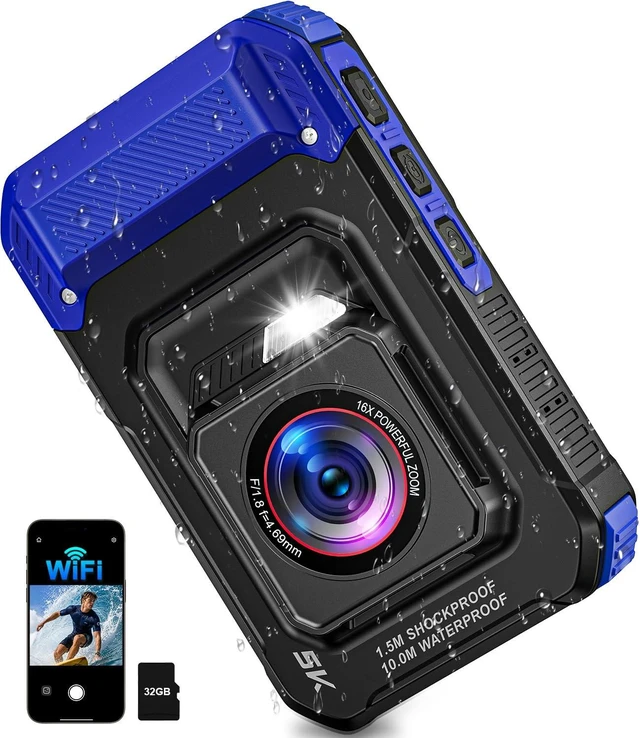 Main image of 5K 33FT Underwater Camera 96MP Autofocus Waterproof Digital Camera, WiFi Dual-Lens Selfie, 5FT Shockproof 16X Zoom 60 Filters, Compact Point and Shoot Camera for Snorkeling Surfing Swimming, Blue
