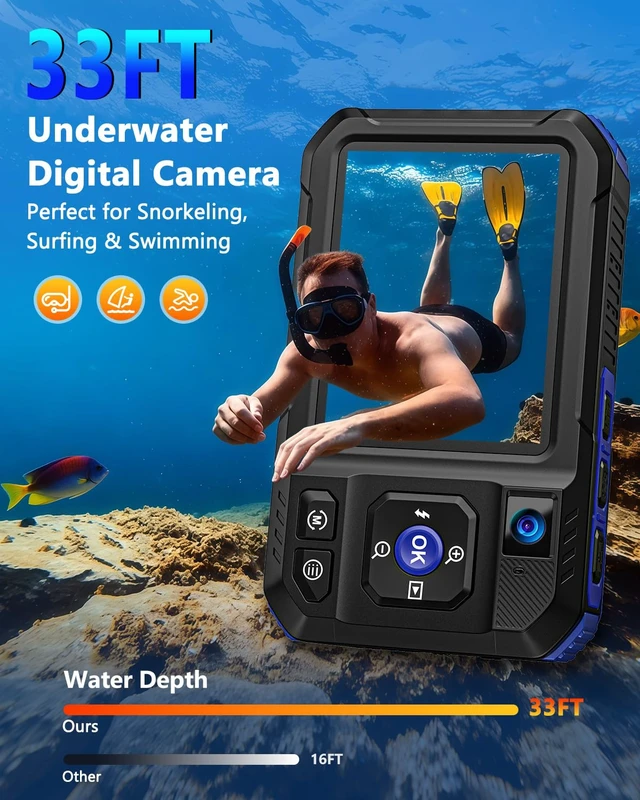 Alt view image 2 of 7 - 5K 33FT Underwater Camera 96MP Autofocus Waterproof Digital Camera, WiFi Dual-Lens Selfie, 5FT Shockproof 16X Zoom 60 Filters, Compact Point and Shoot Camera for Snorkeling Surfing Swimming, Blue