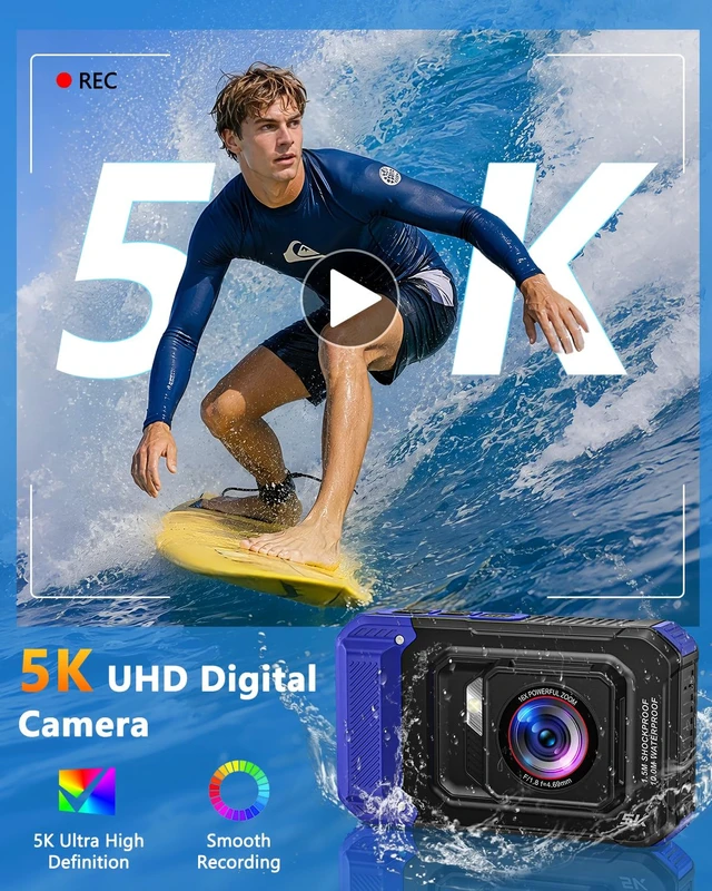 Alt view image 3 of 7 - 5K 33FT Underwater Camera 96MP Autofocus Waterproof Digital Camera, WiFi Dual-Lens Selfie, 5FT Shockproof 16X Zoom 60 Filters, Compact Point and Shoot Camera for Snorkeling Surfing Swimming, Blue