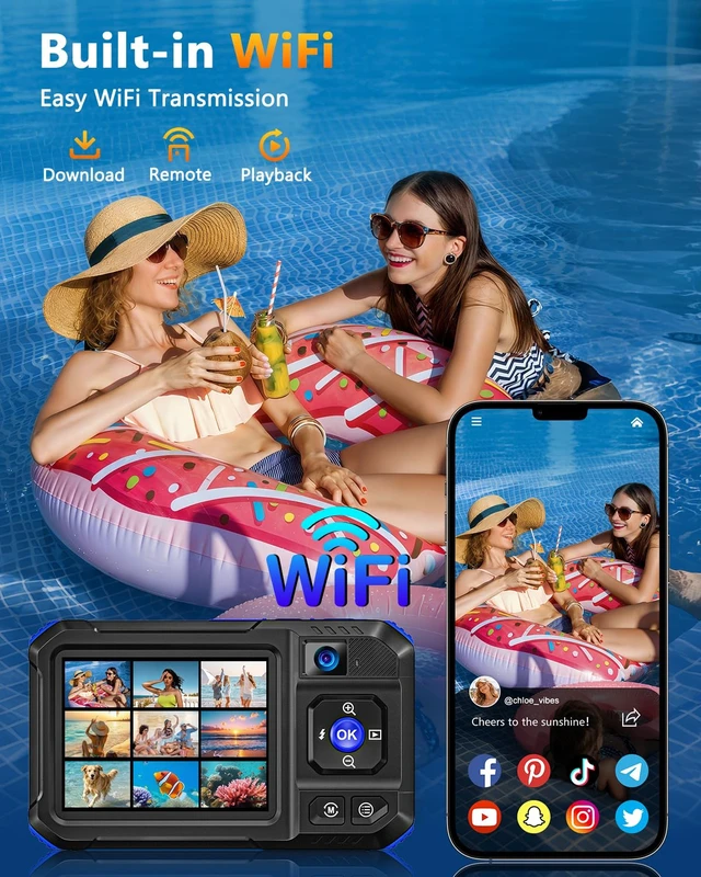 Alt view image 5 of 7 - 5K 33FT Underwater Camera 96MP Autofocus Waterproof Digital Camera, WiFi Dual-Lens Selfie, 5FT Shockproof 16X Zoom 60 Filters, Compact Point and Shoot Camera for Snorkeling Surfing Swimming, Blue