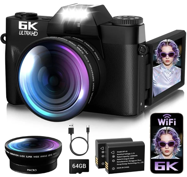 Main image of 6K Digital Camera for Photography Autofocus, 2026 Upgraded 64MP WiFi Vlogging Camera for YouTube with 3" 180° Flip Screen 16X Zoom, 64GB SD Card & 2 Batteries Compact Travel Camera for Beginners Teens