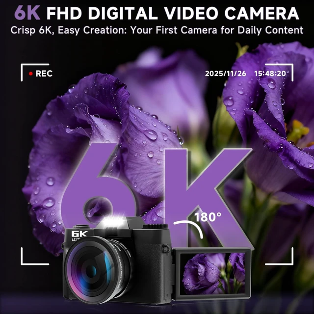 Alt view image 2 of 7 - 6K Digital Camera for Photography Autofocus, 2026 Upgraded 64MP WiFi Vlogging Camera for YouTube with 3" 180° Flip Screen 16X Zoom, 64GB SD Card & 2 Batteries Compact Travel Camera for Beginners Teens