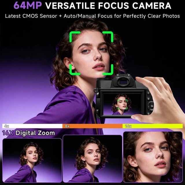Alt view image 3 of 7 - 6K Digital Camera for Photography Autofocus, 2026 Upgraded 64MP WiFi Vlogging Camera for YouTube with 3" 180° Flip Screen 16X Zoom, 64GB SD Card & 2 Batteries Compact Travel Camera for Beginners Teens