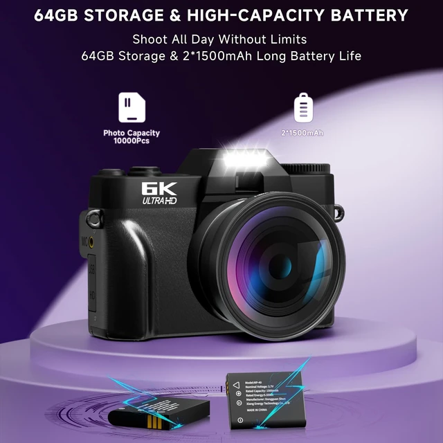 Alt view image 7 of 7 - 6K Digital Camera for Photography Autofocus, 2026 Upgraded 64MP WiFi Vlogging Camera for YouTube with 3" 180° Flip Screen 16X Zoom, 64GB SD Card & 2 Batteries Compact Travel Camera for Beginners Teens