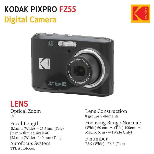 Alt view image 6 of 6 - PIXPRO FZ55 16MP Digital Point & Shoot Camera, 5X Optical Zoom, 28mm Wide Angle, 1080P Full HD Video, Bundle with 32GB SD Card, Protective Case, and Hi-Speed Card Reader (Black)