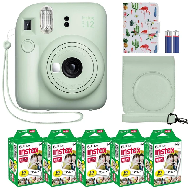 Main image of Instax Mini 12 Instant Camera + MiniMate Accessory Bundle & Compatible Custom Case + Fuji Instax Film Value Pack (50 Sheets) Flamingo Designer Photo Album (Mint Green)