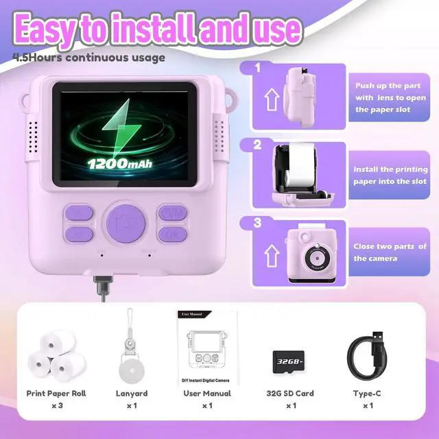 Alt view image 6 of 7 - Instant Print Camera for Kids, Christmas Birthday Gifts for Girls Boys Age 3-12,Kids Digital Cameras for Toddler, Portable Toy for 3 4 5 6 7 8 9 10 Year Old Girl -Purple