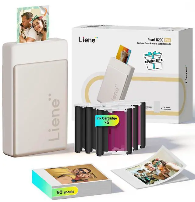 Main image of Pearl N200 Pro Portable AI Photo Printer, Instant Mini Picture Printer for iPhone Smartphone, Thermal Dye Sublimation, Bluetooth Sticker Maker 50 Sheets 2x3 Adhesive Paper & 5 Cartridges, Gold