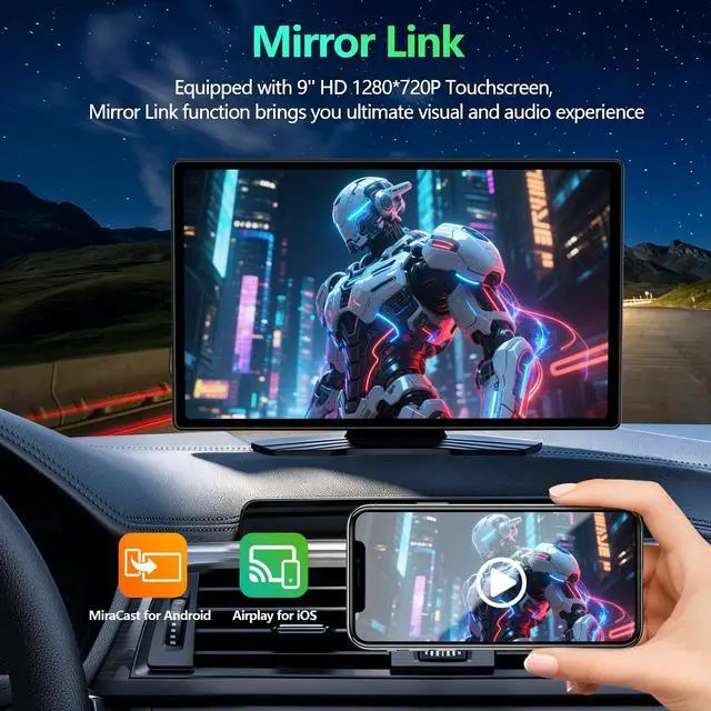 Alt view image 3 of 7 - 9" Carplay Screen for Car, Portable Wireless Car Play Screen for Apple CarPlay & Android Auto, OTA Updates, Backup Camera, Mirror Link, Voice Control, GPS Navigation, Bluetooth 5.0, FM/AUX
