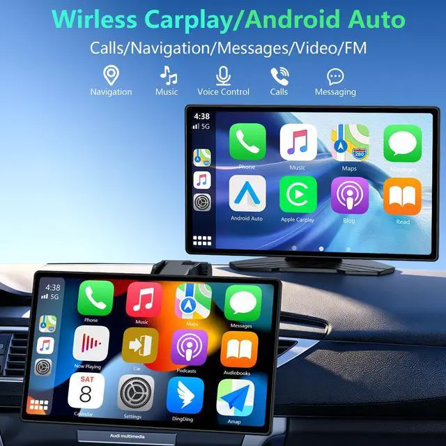 Alt view image 2 of 7 - 9" Carplay Screen for Car, Portable Wireless Car Play Screen for Apple CarPlay & Android Auto, OTA Updates, Backup Camera, Mirror Link, Voice Control, GPS Navigation, Bluetooth 5.0, FM/AUX