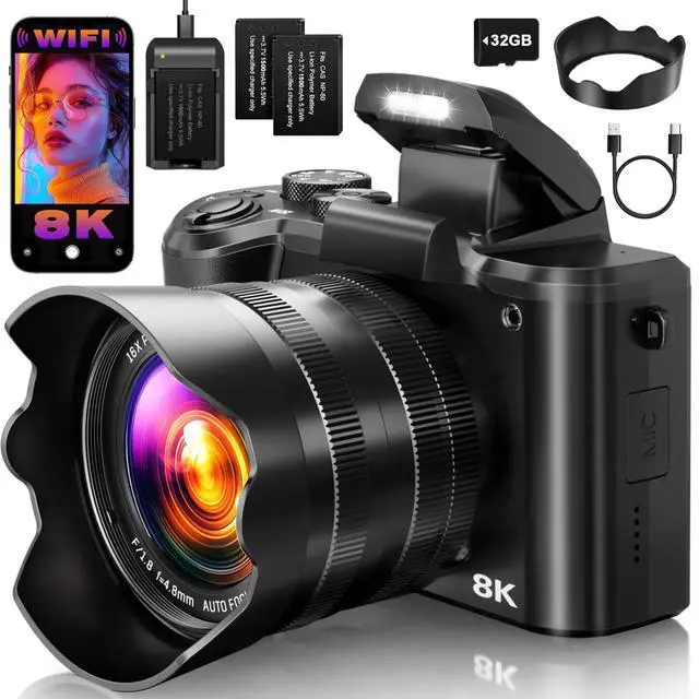Main image of 8K Digital Cameras for Photography, 2026 Autofocus 88MP WiFi Professional Photography Camera with Dual-Lens for YouTube, 16X Digital Zoom, TF Card, Lens Hood, Touch Screen,2 Batteries & Charging Stand