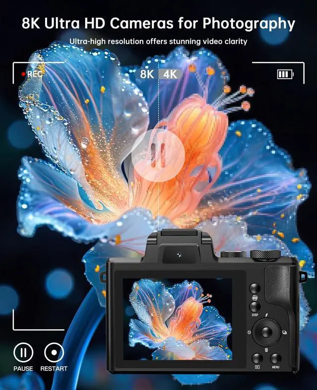Alt view image 2 of 7 - 8K Digital Cameras for Photography, 2026 Autofocus 88MP WiFi Professional Photography Camera with Dual-Lens for YouTube, 16X Digital Zoom, TF Card, Lens Hood, Touch Screen,2 Batteries & Charging Stand