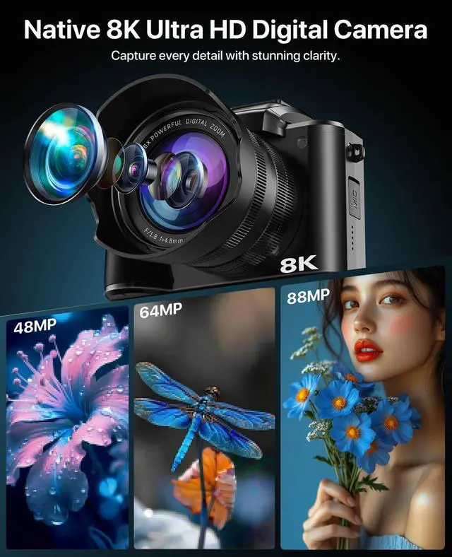 Alt view image 3 of 7 - 8K Digital Cameras for Photography, 2026 Autofocus 88MP WiFi Professional Photography Camera with Dual-Lens for YouTube, 16X Digital Zoom, TF Card, Lens Hood, Touch Screen,2 Batteries & Charging Stand