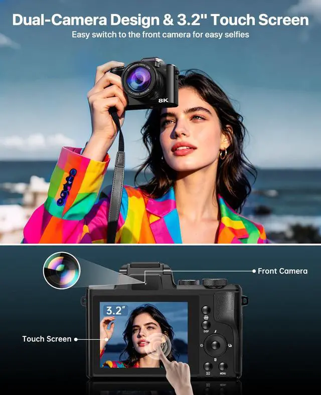 Alt view image 4 of 7 - 8K Digital Cameras for Photography, 2026 Autofocus 88MP WiFi Professional Photography Camera with Dual-Lens for YouTube, 16X Digital Zoom, TF Card, Lens Hood, Touch Screen,2 Batteries & Charging Stand