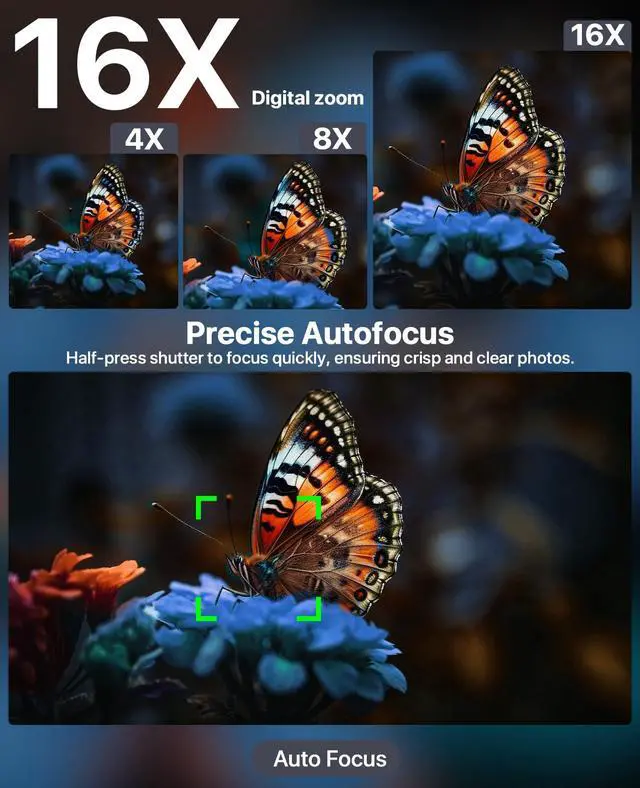 Alt view image 6 of 7 - 8K Digital Cameras for Photography, 2026 Autofocus 88MP WiFi Professional Photography Camera with Dual-Lens for YouTube, 16X Digital Zoom, TF Card, Lens Hood, Touch Screen,2 Batteries & Charging Stand