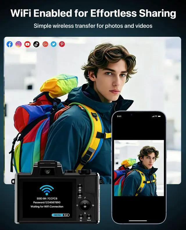 Alt view image 5 of 7 - 8K Digital Cameras for Photography, 2026 Autofocus 88MP WiFi Professional Photography Camera with Dual-Lens for YouTube, 16X Digital Zoom, TF Card, Lens Hood, Touch Screen,2 Batteries & Charging Stand