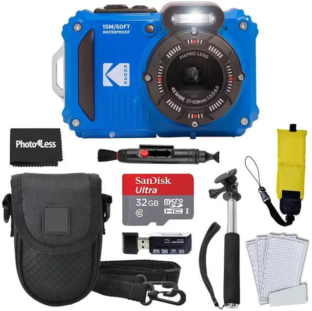 Main image of Kodak PIXPRO WPZ2 Rugged Waterproof Shockproof Digital Camera 16MP 4X Optical Zoom 1080P Full HD Video, 2.7 LCD (Blue), 32GB SD Card, Black Compact Camera Case, Floating Strap, Bundle (7 Items)