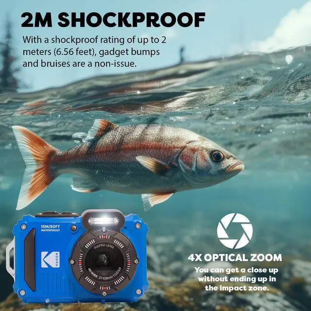 Alt view image 3 of 7 - Kodak PIXPRO WPZ2 Rugged Waterproof Shockproof Digital Camera 16MP 4X Optical Zoom 1080P Full HD Video, 2.7 LCD (Blue), 32GB SD Card, Black Compact Camera Case, Floating Strap, Bundle (7 Items)