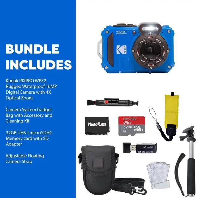 Alt view image 7 of 7 - Kodak PIXPRO WPZ2 Rugged Waterproof Shockproof Digital Camera 16MP 4X Optical Zoom 1080P Full HD Video, 2.7 LCD (Blue), 32GB SD Card, Black Compact Camera Case, Floating Strap, Bundle (7 Items)