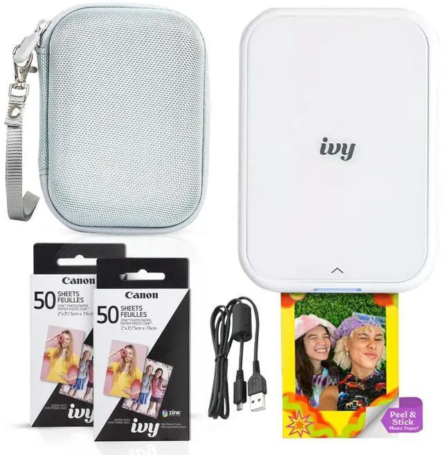 Main image of Ivy 2 Mini Photo Printer (Pure White) - Bluetooth, Print from iOS & Android Devices, Bundle Incl. 110 Zink Sticky-Back Prints, LED Light Bar, Protective Case, and USB Cable